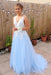 Light Sky Blue V Neck Long Tulle Prom Dress with Ivory Lace Appliques Evening Gown - Prom Dresses