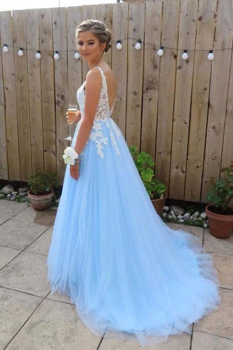 Light Sky Blue V Neck Long Tulle Prom Dress with Ivory Lace Appliques Evening Gown - Prom Dresses