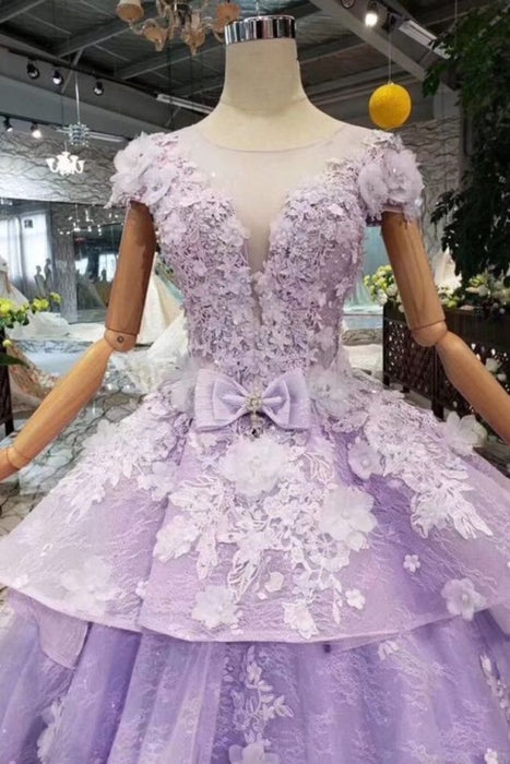 Lilac Ball Gown Short Sleeve Prom Dresses with Long Train Gorgeous Quinceanera Dress - Prom Dresses