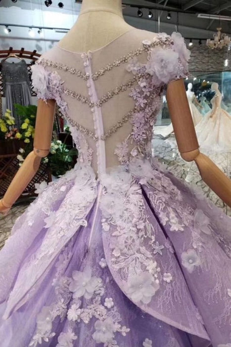 Lilac Ball Gown Short Sleeve Prom Dresses with Long Train Gorgeous Quinceanera Dress - Prom Dresses