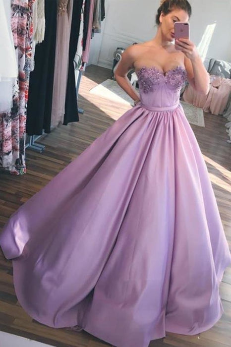 Lilac Sweetheart Ball Gown Puffy Floor Length Quinceanera Applique Prom Dress - Prom Dresses