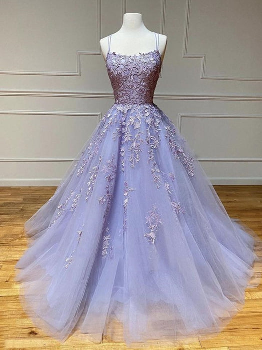 Long Backless Purple Lace Prom Dresses, Purple Lilac Lace Formal Graduation Evening Dresses