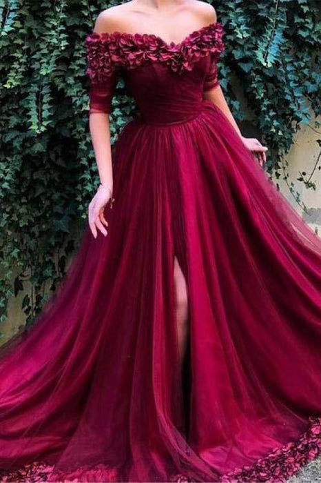 Long Off the Shoulder Half Sleeves Prom 3D Flowers Formal Dress with Slit - Prom Dresses