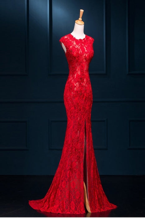 Long Pretty Red Lace Pretty Split Mermaid Prom Evening Dresses - Prom Dresses