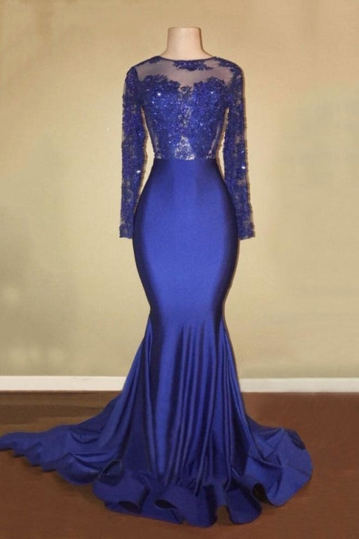 Long Sleeve Lace Backless Royal Blue Mermaid Prom Dress - Prom Dresses