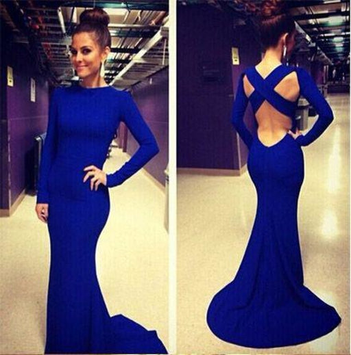 Long Sleeves Backless White Mermaid Prom High Neck Royal Blue Graduation Dress - Prom Dresses