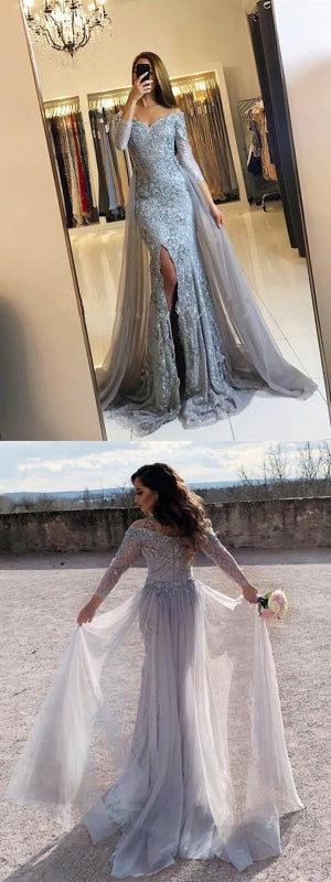 Long Sleeves Mermaid Black/Gray Lace Long Prom Dresses with Side Slit, Mermaid Lace Black/Gray Formal Dresses, Evening Dresses