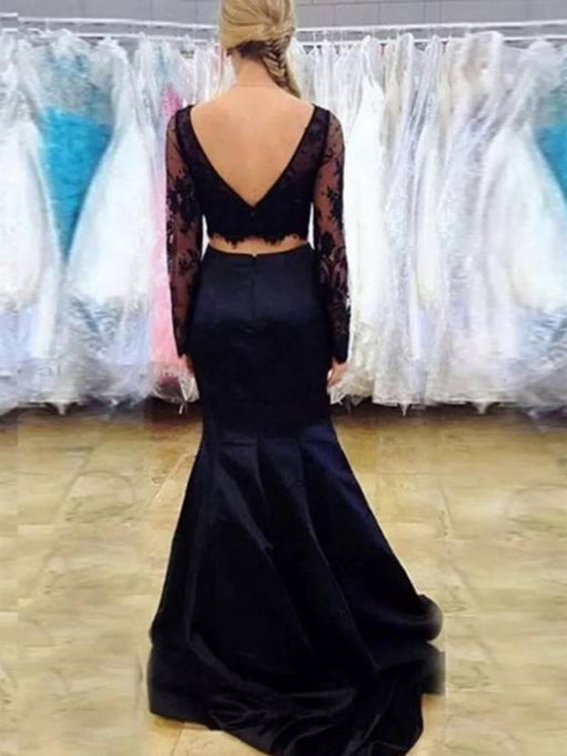 Long Sleeves Mermaid Scoop Neck Two Pieces Lace Black Prom Dresses, Long Sleeves Black Formal Dresses, Black Two Pieces Lace Evening Dresses