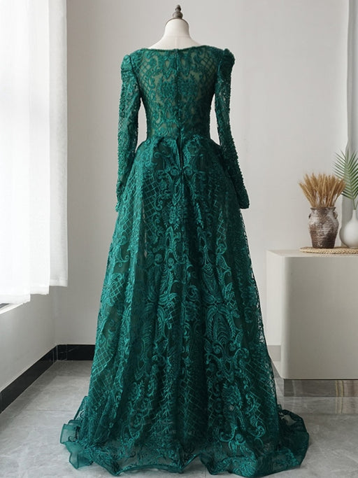 Long Sleeves Round Neck Green Lace Beaded Long Prom Dresses, Beaded Green Lace Formal Evening Dresses 