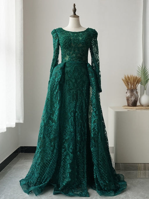 Long Sleeves Round Neck Green Lace Beaded Long Prom Dresses, Beaded Green Lace Formal Evening Dresses 