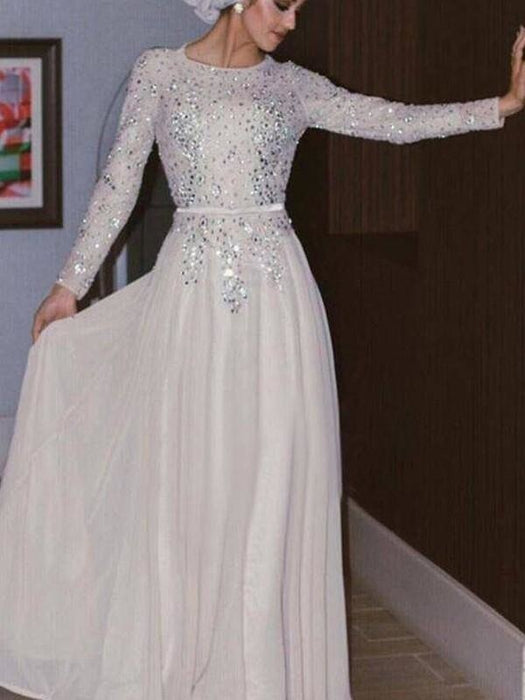 Long Sleeves Scoop A-line Floor-Length Crystal Chiffon Muslim Dresses - Prom Dresses