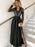 Long Sleeves V Neck Black Lace Long Prom Dresses with High Slit, Long Sleeve Black Lace Formal Graduation Evening Dresses