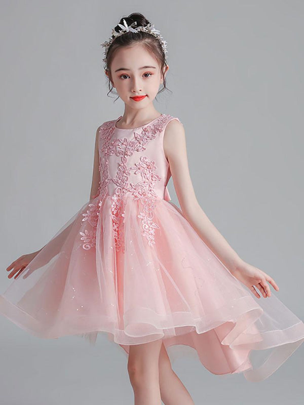 Flower Girl Dresses Pink Jewel Neck Sleeveless Lace Tulle Polyester Embroidered Kids Party Dresses