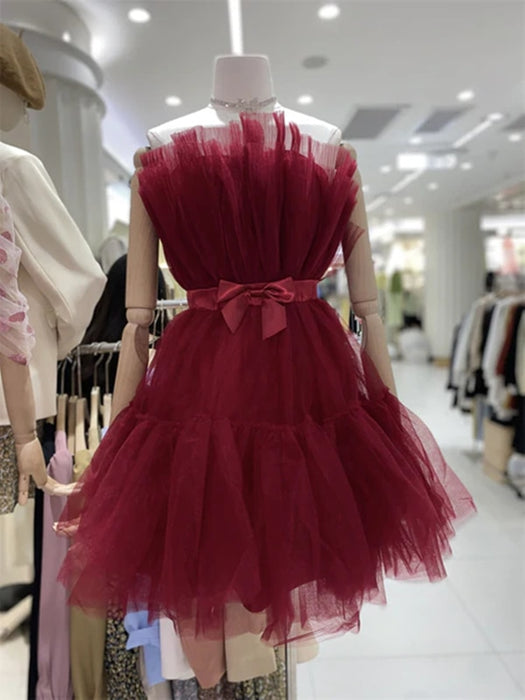 Lovely Short Blue/Burgundy Tulle Prom Homecoming Dresses with Bow, Blue/Burgundy Tulle Formal Graduation Evening Dresses 