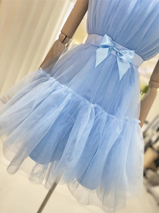 Lovely Short Blue/Burgundy Tulle Prom Homecoming Dresses with Bow, Blue/Burgundy Tulle Formal Graduation Evening Dresses 