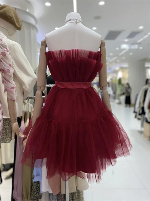 Lovely Short Blue/Burgundy Tulle Prom Homecoming Dresses with Bow, Blue/Burgundy Tulle Formal Graduation Evening Dresses 