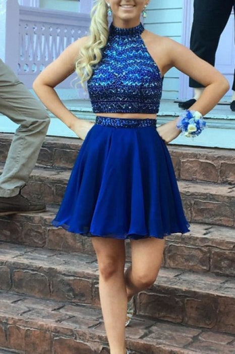 Luxurious Beading Two Piece Open Back Royal Blue Chiffon Short Homecoming Dress - Prom Dresses