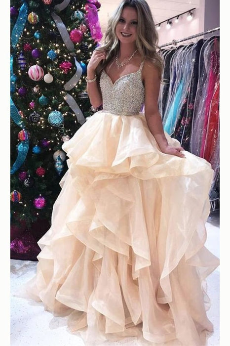 Luxurious Straps V-neck Beading Bodice Tulle Long Prom Dress with Layers - Prom Dresses