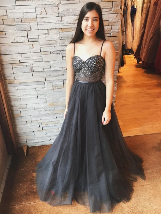 Luxurious Sweetheart Neck Rhinestone Black Long Prom Dresses, tti Straps Black Formal Dresses, Black Evening Dresses