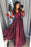 Maroon Long Sleeve V-neck Prom Dress Lace Banquet Gown with Slit - Prom Dresses