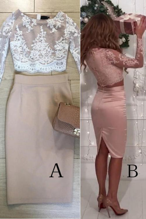 Marvelous Precious Two Piece Long Sleeves Lace Knee Length Homecoming Sheath Prom Dress - Prom Dresses