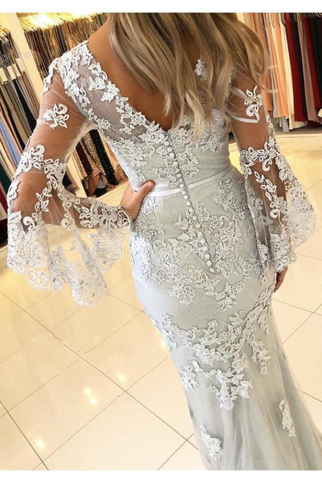 Marvelous Marvelous Precious White V Neck Long Prom Mermaid Lace Appliqued Evening Dress with Sleeves - Prom Dresses