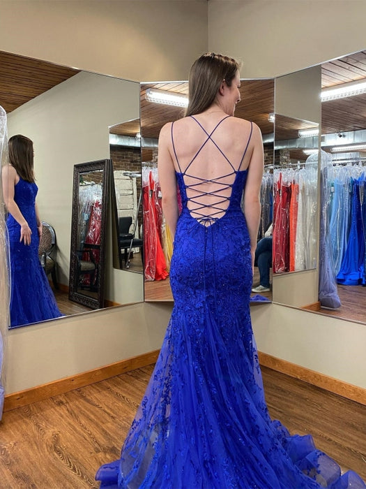 Mermaid Backless Blue Lace Long Prom Dresses, Mermaid Blue Formal Dresses, Blue Lace Evening Dresses 