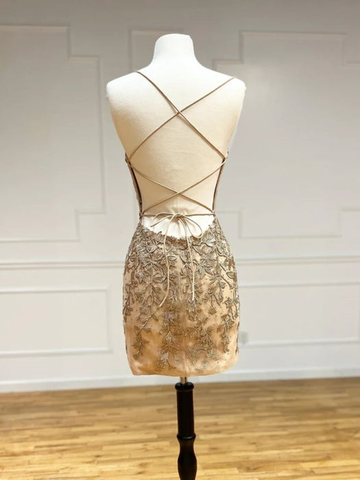 Mermaid Backless Champagne Lace Prom Dresses, Short Champagne Homecoming Dresses, Champagne Lace Formal Evening Dresses 