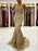 Mermaid Backless Golden Lace Long Prom Dresses, Mermaid Gold Formal Dresses, Golden Lace Evening Dresses