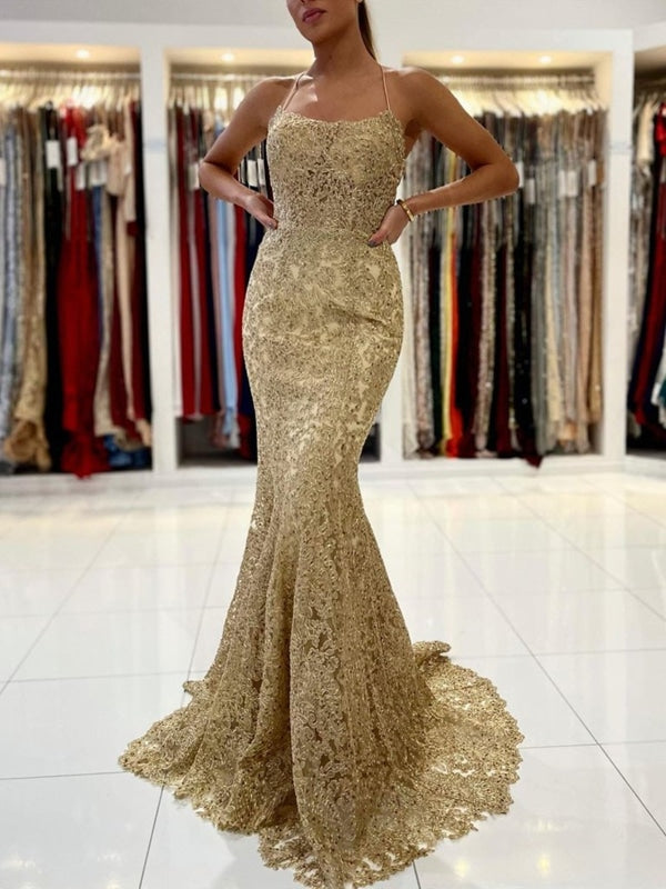 Mermaid Backless Golden Lace Long Prom Dresses, Mermaid Gold Formal Dresses, Golden Lace Evening Dresses