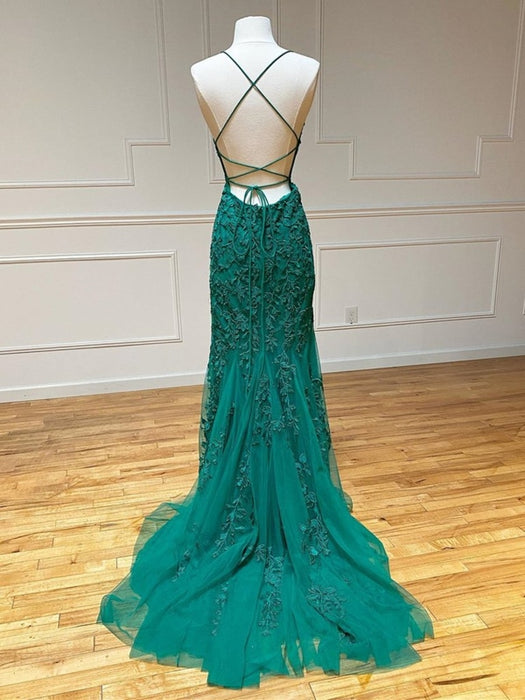 Mermaid Backless Green Lace Long Prom Dresses, Mermaid Green Formal Dresses, Green Lace Evening Dresses