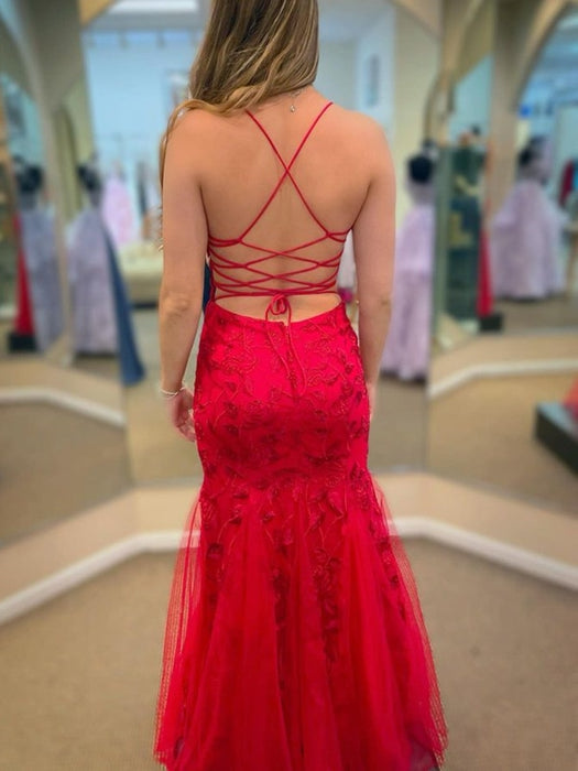 Mermaid Backless Red Lace Long Prom Dresses, Mermaid Red Formal Dresses, Red Lace Evening Dresses 