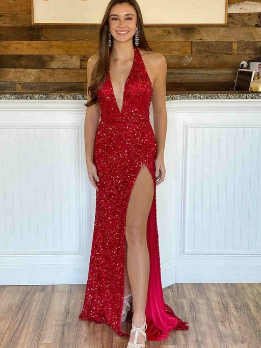 Mermaid Backless V Neck Burgundy Sequins Long Prom Dresses, Mermaid Burgundy Formal Dresses, Shiny Sequins Burgundy Evening Dresses 