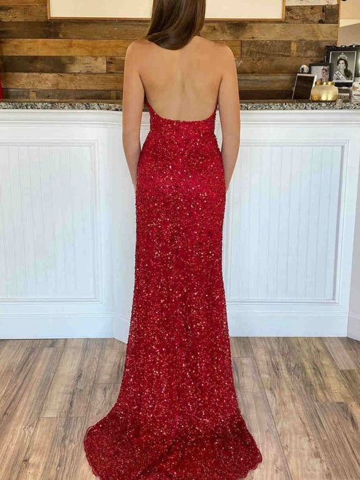 Mermaid Backless V Neck Burgundy Sequins Long Prom Dresses, Mermaid Burgundy Formal Dresses, Shiny Sequins Burgundy Evening Dresses 