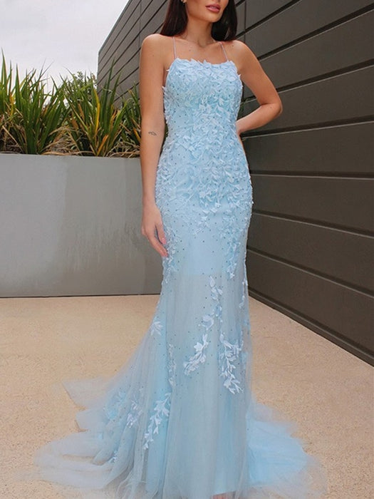 Mermaid Beaded Light Blue Lace Long Prom Dresses with Train, Light Blue Lace Formal Graduation Evening Dresses 