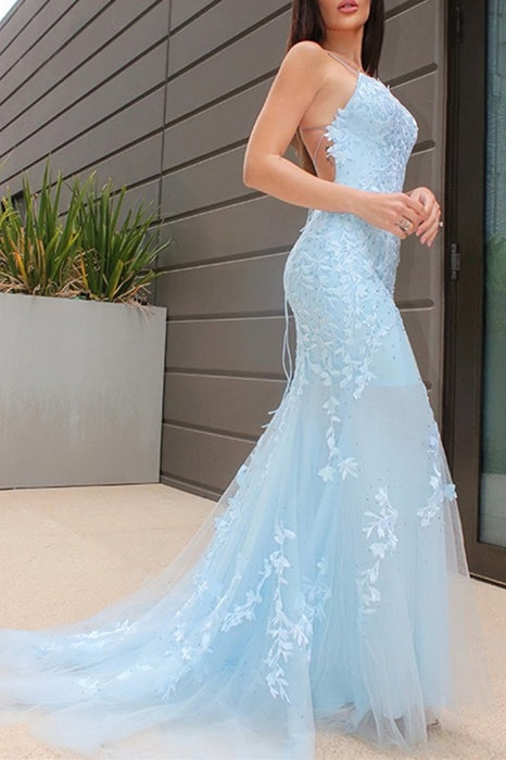 Mermaid Beaded Light Blue Lace Long Prom Dresses with Train, Light Blue Lace Formal Graduation Evening Dresses 