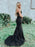 Mermaid Black Lace Long Prom Dresses, Strapless Black Lace Formal Dresses, Black Tulle Evening Dresses 