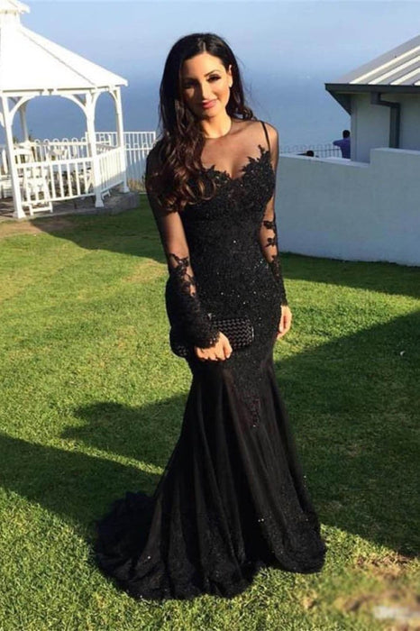 Mermaid Dresses Long Sleeves Lace Appliques Sheer Jewel Neck Prom Dress - Prom Dresses