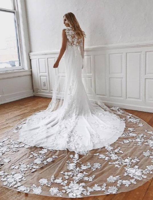 Mermaid Lace Appliques White Wedding Dresses with Train, Mermaid White Lace Prom Dresses, White Lace Formal Evening Dresses