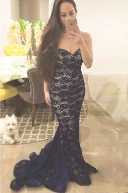 Mermaid Navy Blue Lace Sweetheart Prom Strapless Evening Dress - Prom Dresses