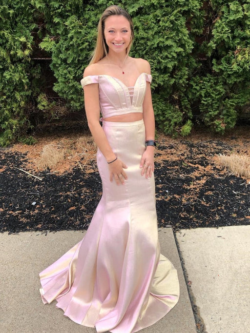 Mermaid Off Shoulder Two Pieces Pink Long Prom Dresses, Mermaid Pink Formal Dresses, 2 Piece Pink Evening Dress 