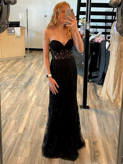 Mermaid Open Backe Black Lace Long Prom Dresses, Strapless Black Formal Dresses, Black Lace Evening Dresses 