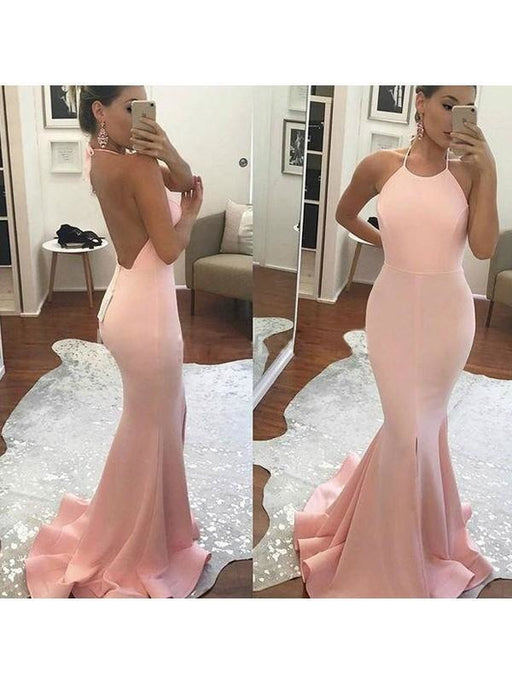 Mermaid Satin Halter Sleeveless Sweep/Brush Train With Ruffles Dresses - Prom Dresses