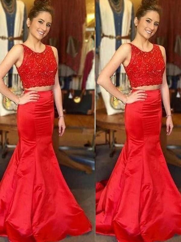 Mermaid Satin Scoop Sleeveless Sweep/Brush Train With Beading Dresses - Prom Dresses