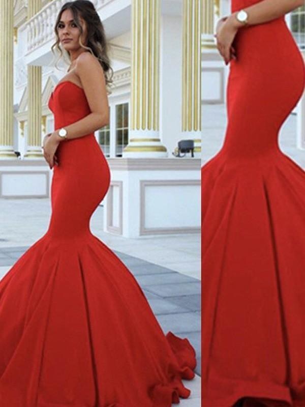 Mermaid Satin Sweetheart Sleeveless Floor-Length With Ruffles Dresses - Prom Dresses