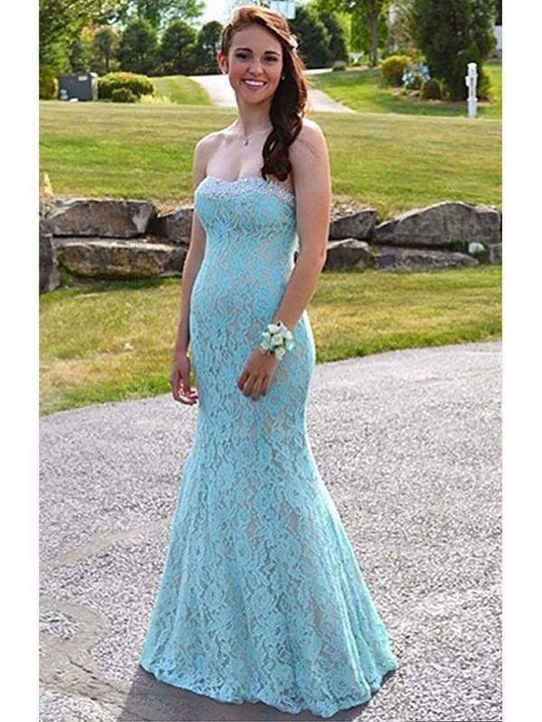 Mermaid Sleeveless Sweetheart Lace With Beading Floor-Length Dresses - Prom Dresses