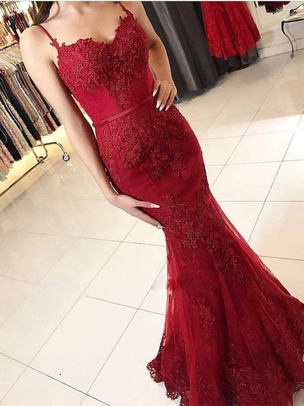 Mermaid tti Straps Backless Lace Burgundy Prom Dresses, Burgundy Mermaid Formal Dresses, Evening Dresses