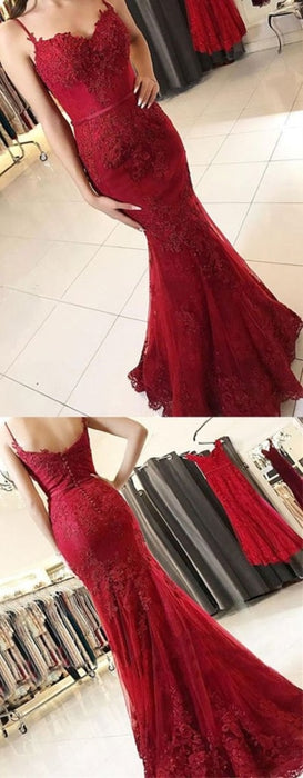 Mermaid tti Straps Backless Lace Burgundy Prom Dresses, Burgundy Mermaid Formal Dresses, Evening Dresses