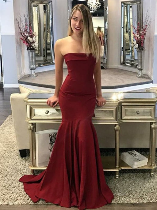 Mermaid Strapless Sweep Train Burgundy Elastic Satin Long Prom Dresses, Burgundy Mermaid Formal Dresses, Burgundy Evening Dresses