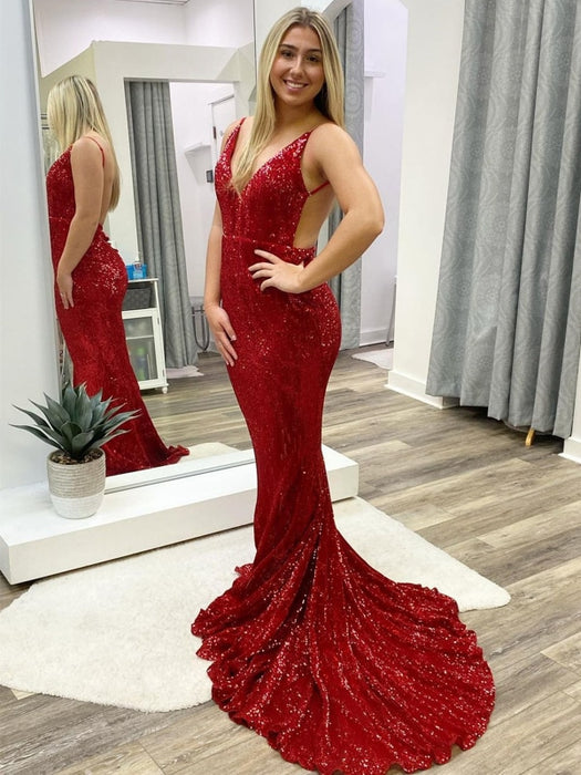 Mermaid V Neck Backless Burgundy Long Prom Dresses, Mermaid Burgundy Formal Dresses, Backless Burgundy Evening Dresses 